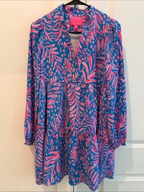 Lilly Pulitzer Winona stretch- Vibrant Blue & Pink Printed V-Neck Tunic Dress